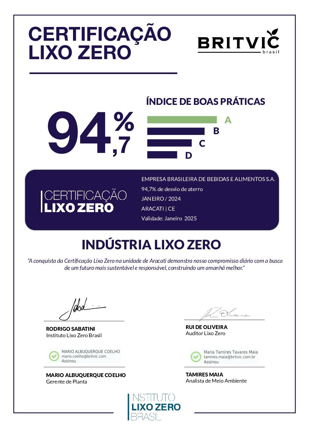 CertificaçãoLixoZero_Britvic_Aracati_CE_Janeiro_2024