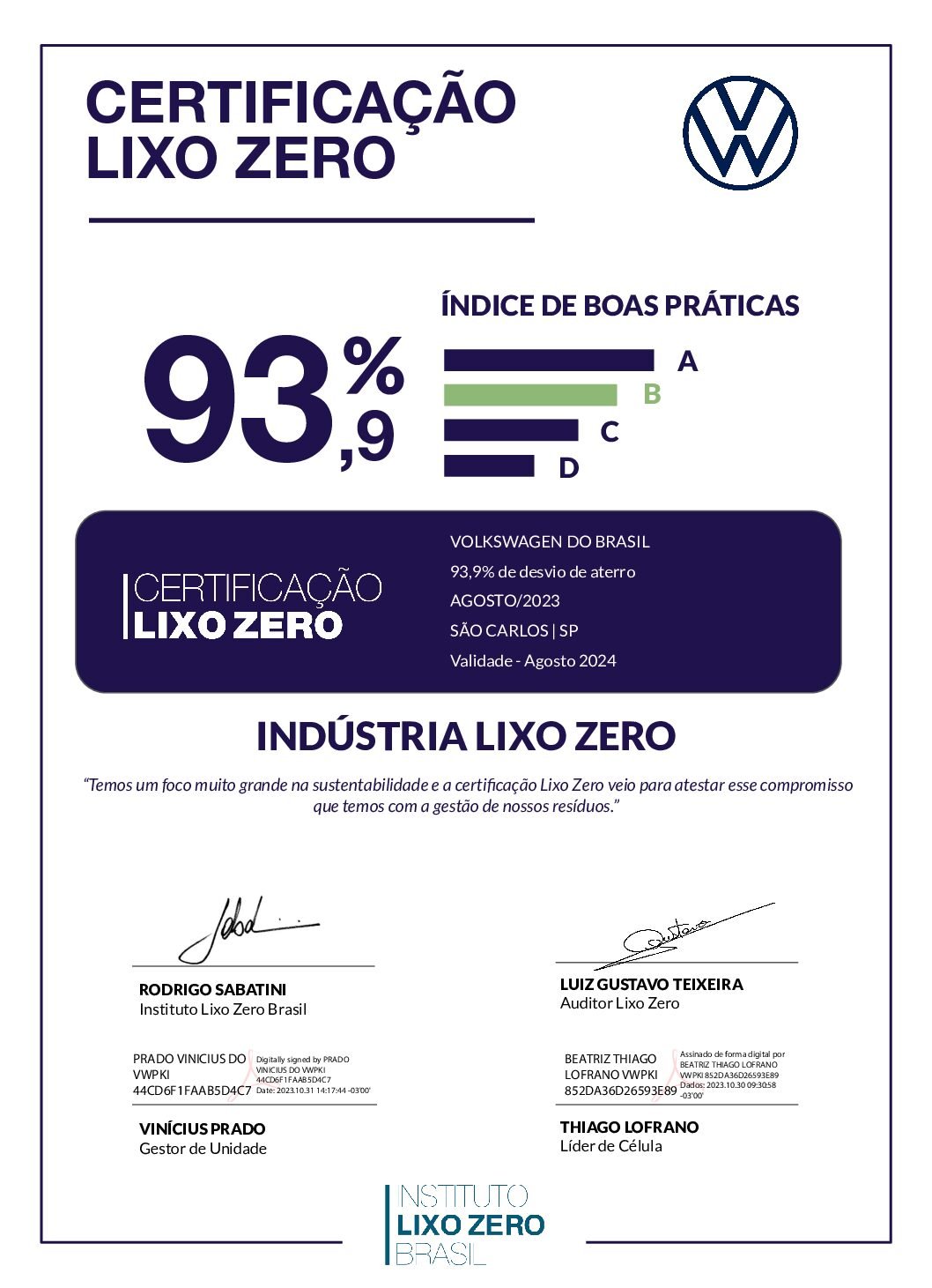 CertificaçãoLixoZero_Volkswagen_São Carlos_SP_Agosto_2023